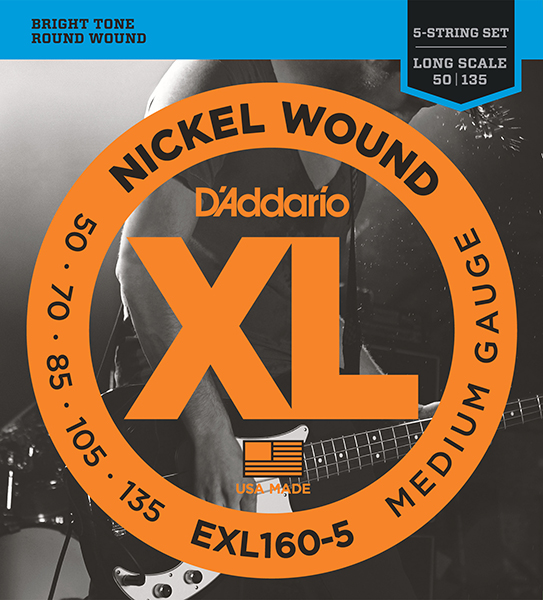 D'Addario EXL160-5 XL NICKEL WOUND Струны для 5-струнной бас-гитары 5-string Long Medium 50-135 D`Addario
