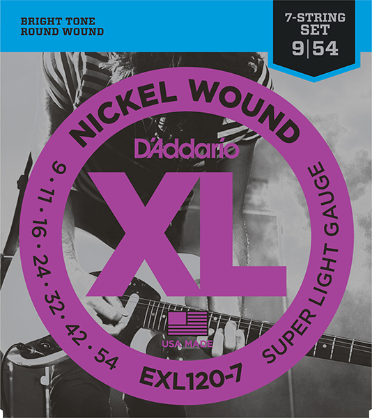 D'Addario EXL120-7 XL NICKEL WOUND Струны для 7-струнной электрогитары Super Light 7-String 9-52 D`Addario