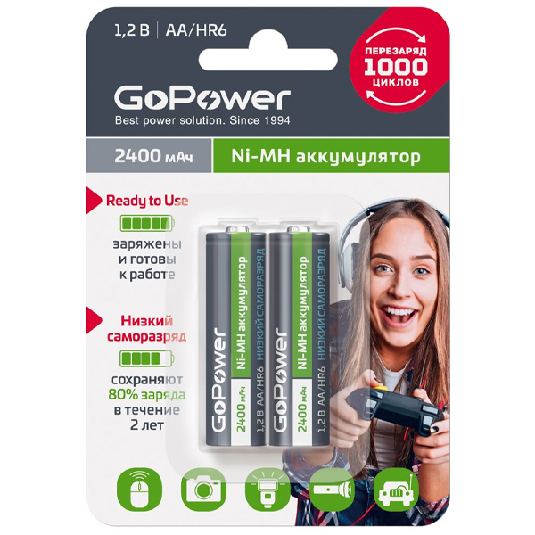 GoPower 00-00018320 Ready-to-Use Аккумулятор предзаряженный AA/HR6 Ni-MH